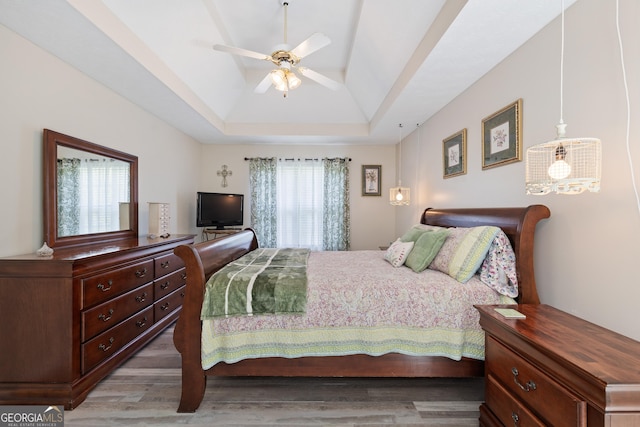 20 Knollwood Pl, Covington, GA 30014 - bedroom featuring wood finished floors, a raised ceiling, and ceiling fan
