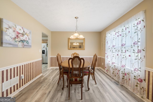 20 Knollwood Pl, Covington, GA 30014 - dining space with light wood finished floors, a chandelier, a wainscoted wall, and a textured ceiling
