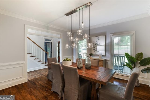 13520 Providence Lk, Alpharetta, GA 30004 - dining room featuring stairway, crown molding, dark wood-style floors, wainscoting, and a decorative wall