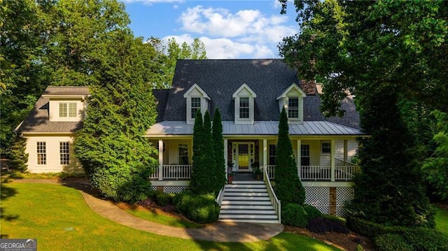 13520 Providence Lk, Alpharetta, GA 30004 - cape cod home with covered porch, a front yard, and stairs