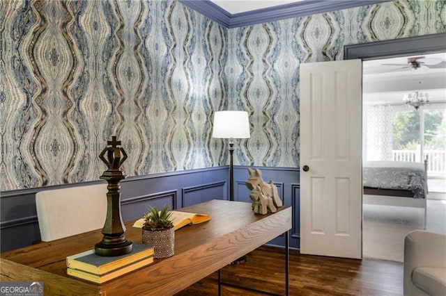 13520 Providence Lk, Alpharetta, GA 30004 - office with wallpapered walls, wood finished floors, a wainscoted wall, ceiling fan, and crown molding