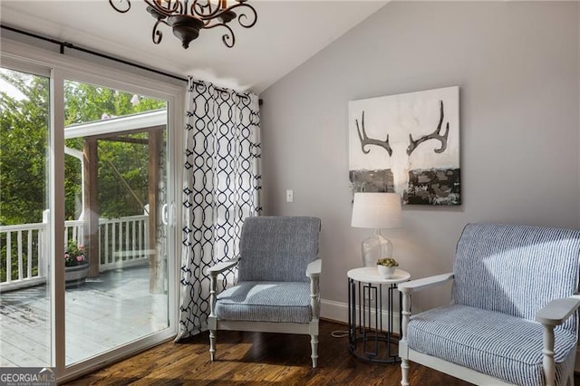 13520 Providence Lk, Alpharetta, GA 30004 - living area with lofted ceiling, a chandelier, and wood finished floors