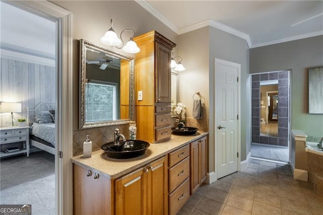 13520 Providence Lk, Alpharetta, GA 30004 - ensuite bathroom featuring double vanity, ornamental molding, a tub, tasteful backsplash, and ceiling fan