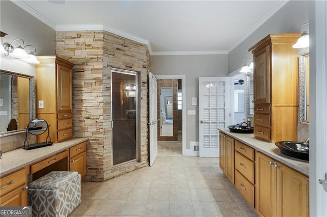 13520 Providence Lk, Alpharetta, GA 30004 - full bathroom featuring ornamental molding, a stall shower, tile patterned flooring, and vanity