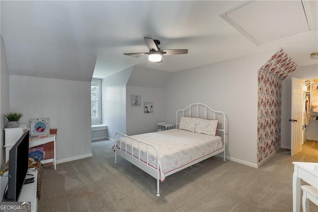 13520 Providence Lk, Alpharetta, GA 30004 - carpeted bedroom with attic access, vaulted ceiling, and a ceiling fan