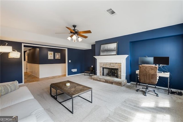 13520 Providence Lk, Alpharetta, GA 30004 - living area with ceiling fan, a fireplace, and carpet floors