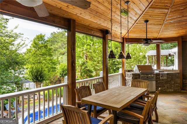 13520 Providence Lk, Alpharetta, GA 30004 - view of patio featuring ceiling fan, area for grilling, outdoor dining area, and an outdoor pool