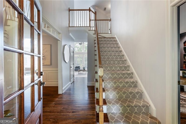 13520 Providence Lk, Alpharetta, GA 30004 - foyer entrance featuring wood finished floors, stairway, and a towering ceiling