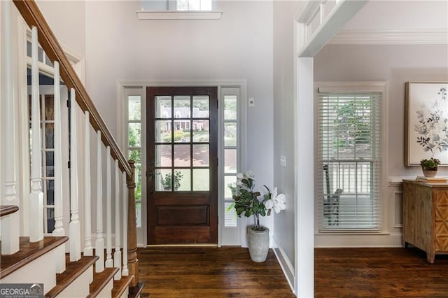 13520 Providence Lk, Alpharetta, GA 30004 - entryway with wood finished floors, stairway, and ornamental molding