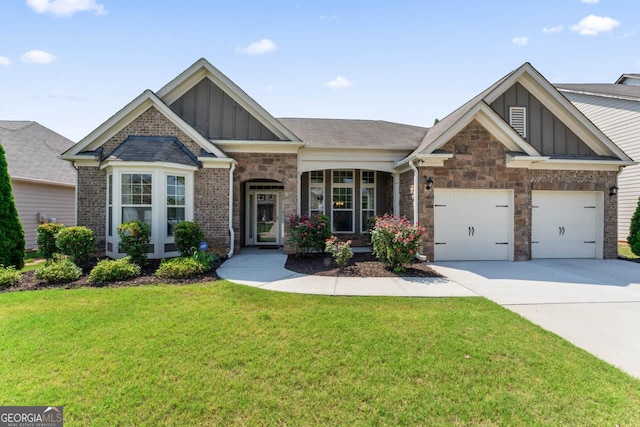 2844 Bluestone Dr SW, South Fulton, GA 30331 - craftsman inspired home with board and batten siding, concrete driveway, a front yard, an attached garage, and stone siding