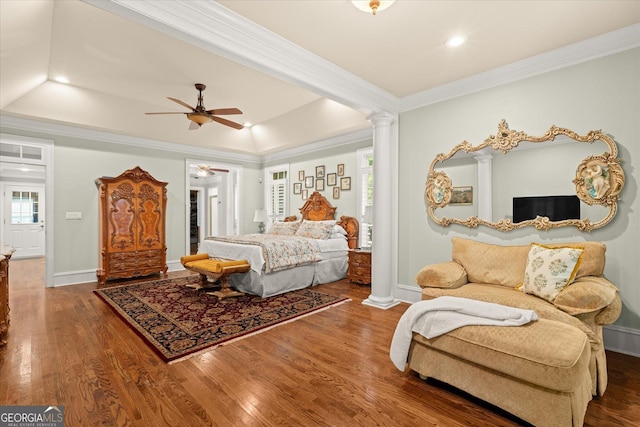 9125 Patrick Pl, Winston, GA 30187 - bedroom with wood finished floors, crown molding, decorative columns, recessed lighting, and ceiling fan