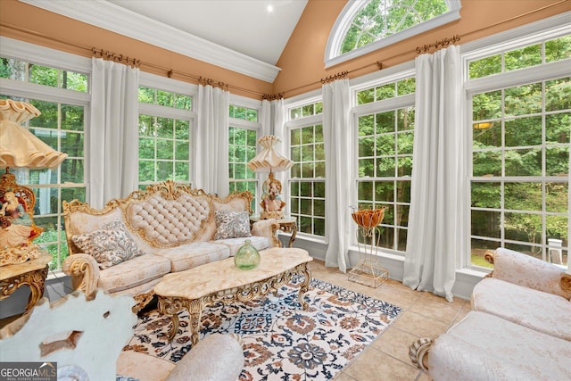 9125 Patrick Pl, Winston, GA 30187 - sunroom featuring tile patterned flooring and high vaulted ceiling