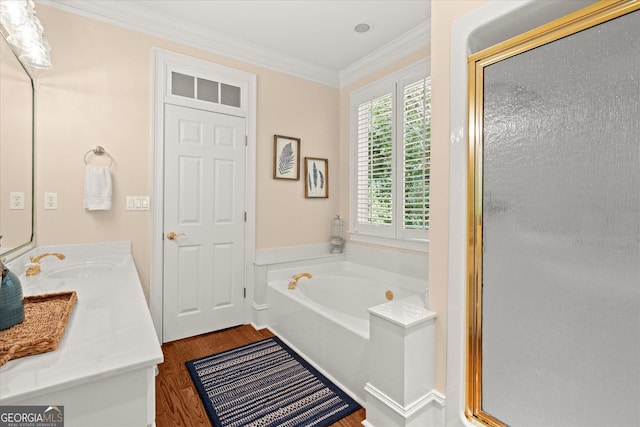 9125 Patrick Pl, Winston, GA 30187 - bathroom with wood finished floors, a bath, crown molding, a shower stall, and vanity