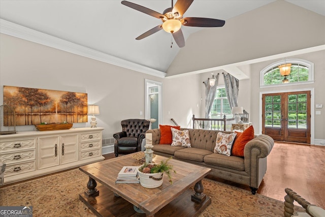 9125 Patrick Pl, Winston, GA 30187 - living area with ceiling fan, wood finished floors, and high vaulted ceiling
