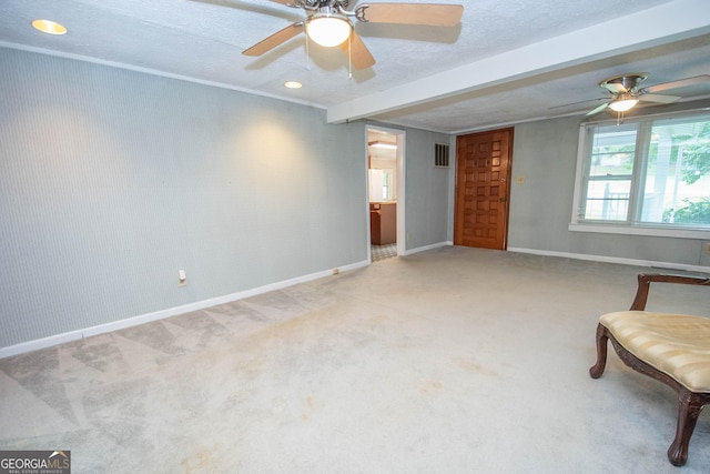 195 Hudgen Rd, Newnan, GA 30265 - unfurnished room featuring ceiling fan, carpet flooring, a textured ceiling, recessed lighting, and beamed ceiling