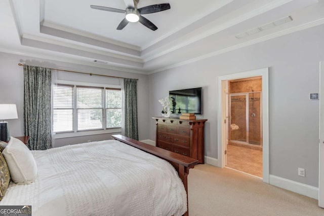 260 W Peachtree St, Norcross, GA 30071 - bedroom with ornamental molding, a raised ceiling, carpet, ensuite bath, and ceiling fan
