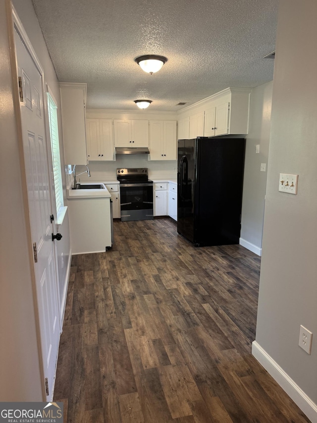 1013 E Cumberland Ct, Bainbridge, GA 39817 - kitchen featuring black refrigerator with ice dispenser, stainless steel range with electric stovetop, a textured ceiling, dark wood finished floors, and under cabinet range hood