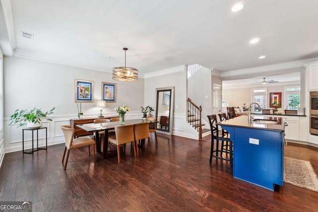 2520 Carmel Way, Alpharetta, GA 30009 - dining area featuring ornamental molding, recessed lighting, stairway, dark wood-style flooring, and wainscoting