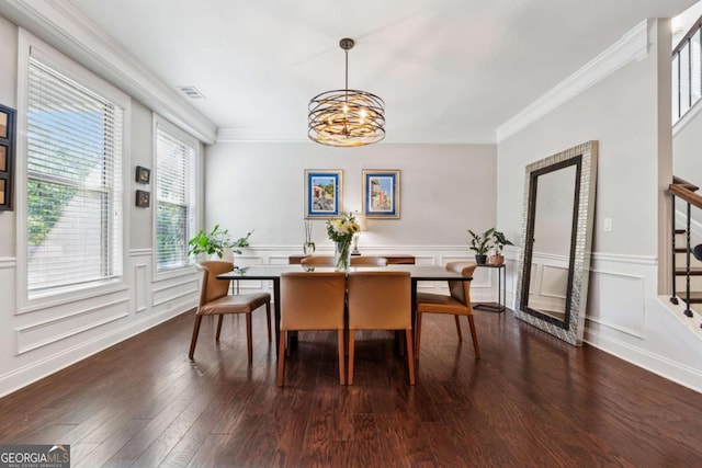 2520 Carmel Way, Alpharetta, GA 30009 - dining room featuring stairs, a chandelier, ornamental molding, dark wood-style floors, and a wainscoted wall