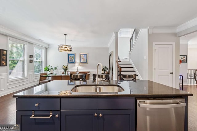 2520 Carmel Way, Alpharetta, GA 30009 - kitchen featuring dishwasher, crown molding, dark wood finished floors, hanging light fixtures, and dark stone counters