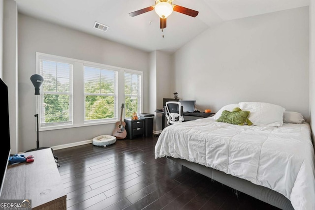 2520 Carmel Way, Alpharetta, GA 30009 - bedroom with vaulted ceiling, dark wood-style floors, and ceiling fan