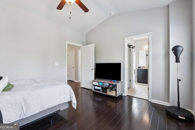 2520 Carmel Way, Alpharetta, GA 30009 - bedroom featuring vaulted ceiling, dark wood-style floors, ensuite bath, and a ceiling fan