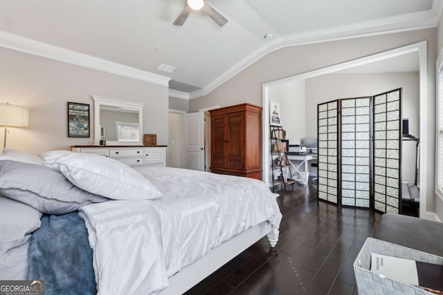 2520 Carmel Way, Alpharetta, GA 30009 - bedroom featuring dark wood-type flooring, vaulted ceiling, ornamental molding, a ceiling fan, and multiple windows
