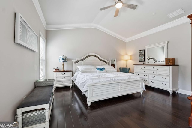 2520 Carmel Way, Alpharetta, GA 30009 - bedroom with dark wood-style floors, vaulted ceiling, ornamental molding, and ceiling fan
