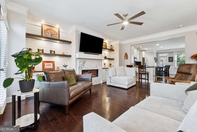 2520 Carmel Way, Alpharetta, GA 30009 - living room with ceiling fan, ornamental molding, dark wood-type flooring, a fireplace, and recessed lighting