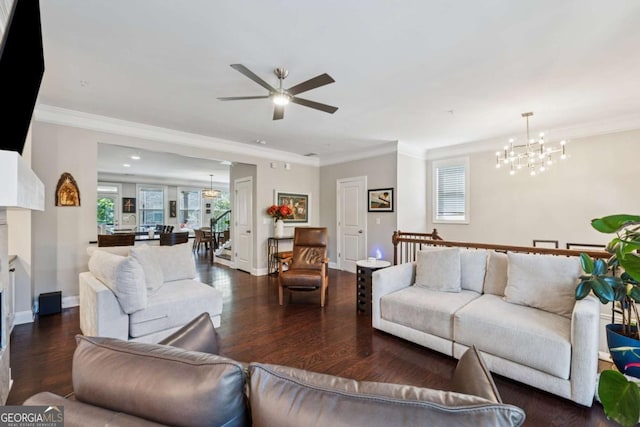2520 Carmel Way, Alpharetta, GA 30009 - living area with a ceiling fan, a chandelier, dark wood-style flooring, plenty of natural light, and ornamental molding