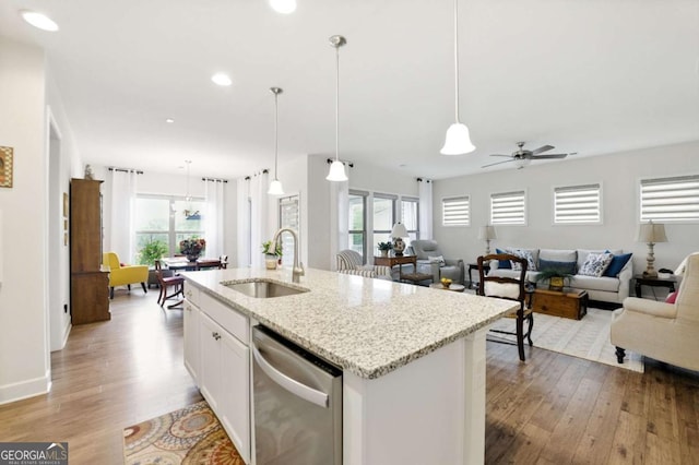 5744 Cypress Bluff Ln, Hoschton, GA 30548 - kitchen with stainless steel dishwasher, open floor plan, light wood-style floors, plenty of natural light, and recessed lighting