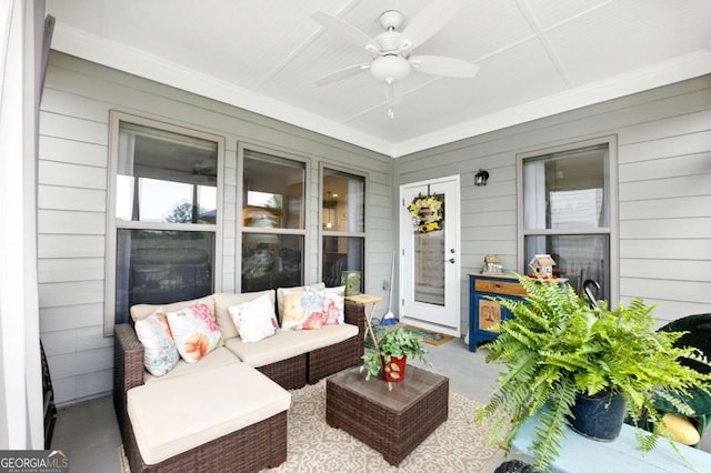 5744 Cypress Bluff Ln, Hoschton, GA 30548 - sunroom featuring ceiling fan and an outdoor living space