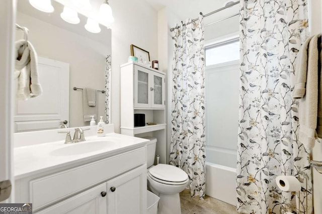 5744 Cypress Bluff Ln, Hoschton, GA 30548 - bathroom with vanity, shower / tub combo with curtain, and tile patterned floors