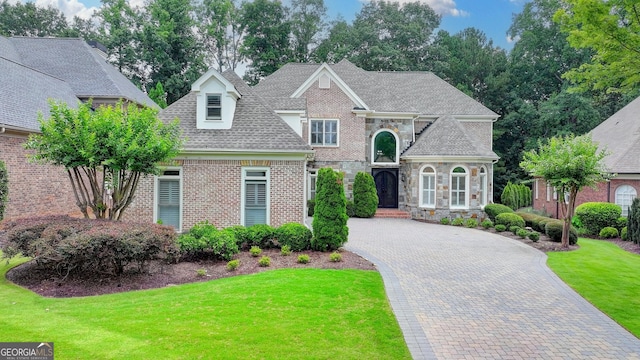 8230 Royal Melbourne Way, Duluth, GA 30097 - view of front facade with a front lawn, stone siding, decorative driveway, and brick siding