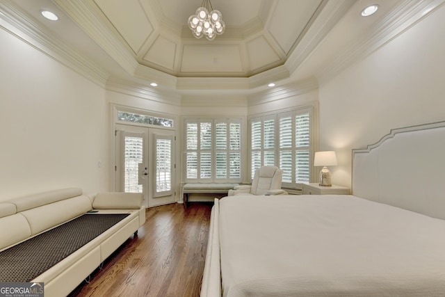 8230 Royal Melbourne Way, Duluth, GA 30097 - bedroom with ornamental molding, access to outside, a towering ceiling, french doors, and a chandelier