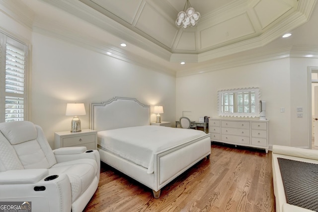 8230 Royal Melbourne Way, Duluth, GA 30097 - bedroom featuring ornamental molding, wood finished floors, recessed lighting, coffered ceiling, and a chandelier