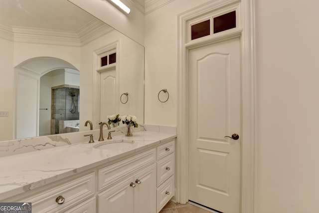 8230 Royal Melbourne Way, Duluth, GA 30097 - full bathroom featuring vanity, tiled shower, and ornamental molding