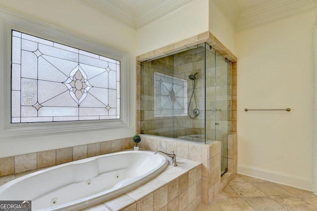 8230 Royal Melbourne Way, Duluth, GA 30097 - full bathroom featuring a stall shower, a whirlpool tub, healthy amount of natural light, and crown molding
