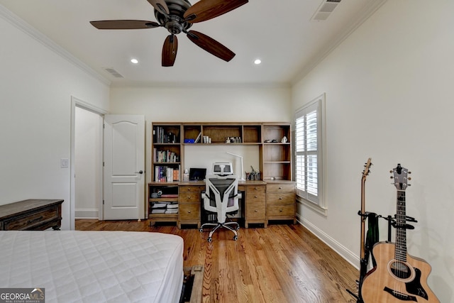 8230 Royal Melbourne Way, Duluth, GA 30097 - bedroom with ornamental molding, light wood-style flooring, a desk, recessed lighting, and ceiling fan