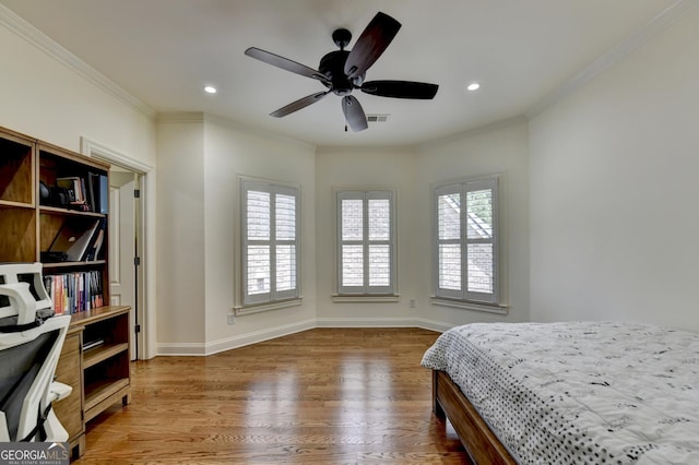 8230 Royal Melbourne Way, Duluth, GA 30097 - bedroom with multiple windows, wood finished floors, ornamental molding, recessed lighting, and ceiling fan