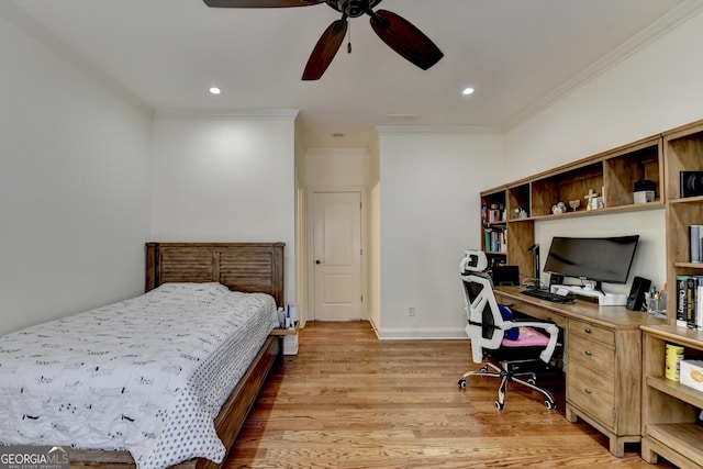 8230 Royal Melbourne Way, Duluth, GA 30097 - bedroom with ornamental molding, light wood-style flooring, an office area, recessed lighting, and ceiling fan
