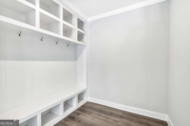 7449 Waterview Cv, Douglasville, GA 30135 - mudroom featuring dark wood finished floors and crown molding