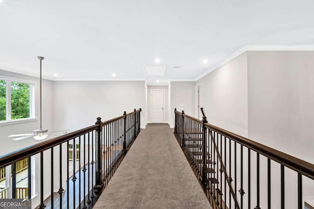 7449 Waterview Cv, Douglasville, GA 30135 - hallway featuring recessed lighting, an upstairs landing, attic access, ornamental molding, and carpet floors