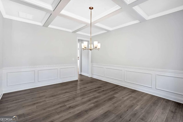 7449 Waterview Cv, Douglasville, GA 30135 - unfurnished dining area with coffered ceiling, a chandelier, beamed ceiling, dark wood finished floors, and wainscoting