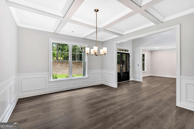 7449 Waterview Cv, Douglasville, GA 30135 - unfurnished dining area with coffered ceiling, a chandelier, beam ceiling, a wainscoted wall, and french doors