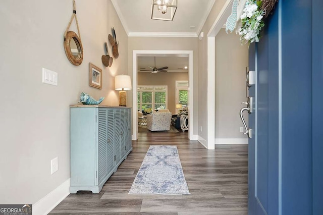 287 Flower Farm Dr, Acworth, GA 30101 - entrance foyer with ornamental molding, wood finished floors, and ceiling fan