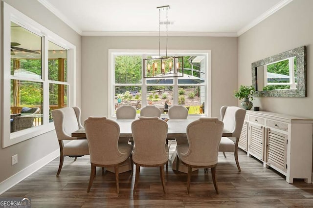 287 Flower Farm Dr, Acworth, GA 30101 - dining space featuring ornamental molding, a chandelier, and dark wood-style flooring
