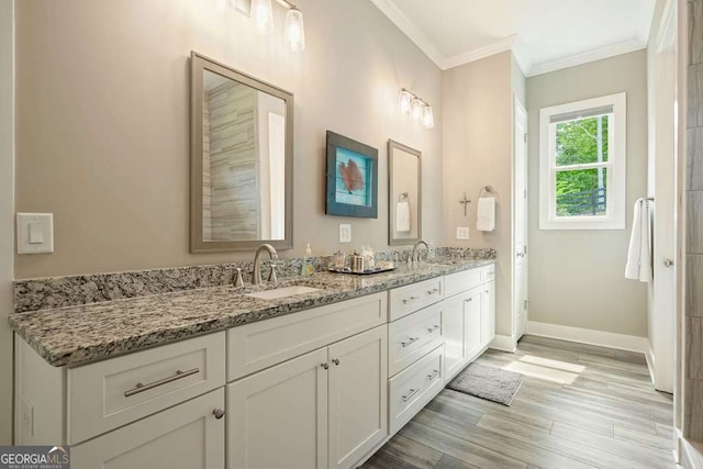 287 Flower Farm Dr, Acworth, GA 30101 - bathroom with double vanity, wood finished floors, and crown molding