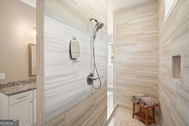 287 Flower Farm Dr, Acworth, GA 30101 - bathroom with tiled shower, tile patterned floors, and vanity