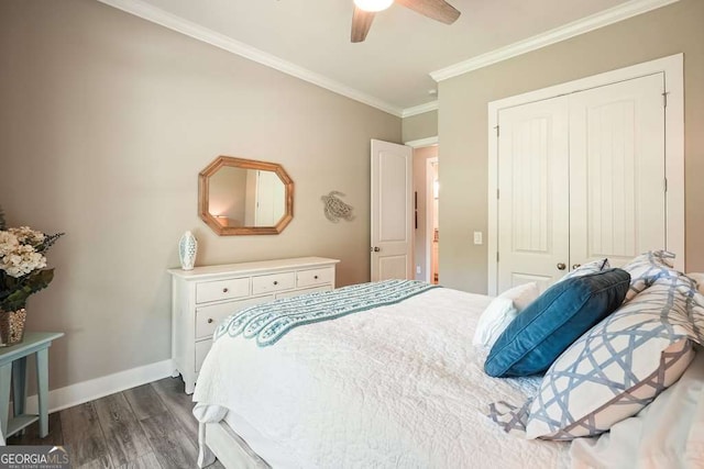 287 Flower Farm Dr, Acworth, GA 30101 - bedroom with dark wood finished floors, crown molding, a closet, and ceiling fan